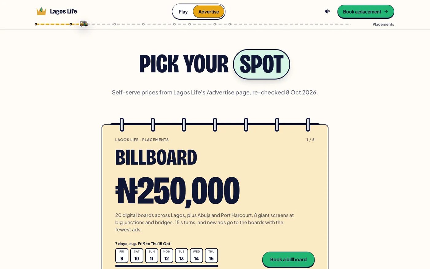 Pick your spot: one calendar page per placement, with price, reach, run dates and a Book link to her checkout
