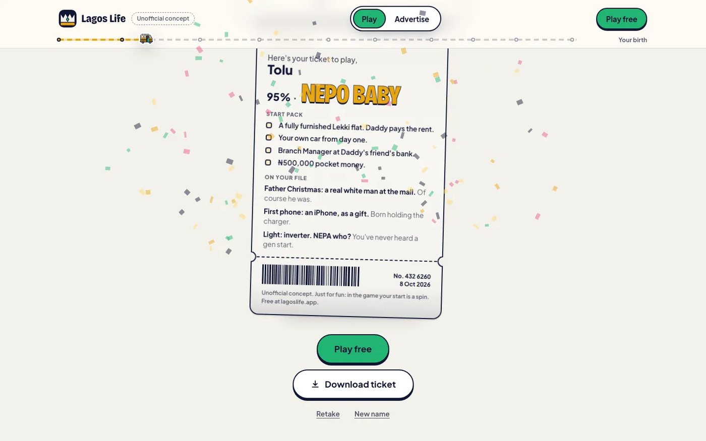 The birth ticket: your verdict and starting pack, printed. Your name stays in the browser.