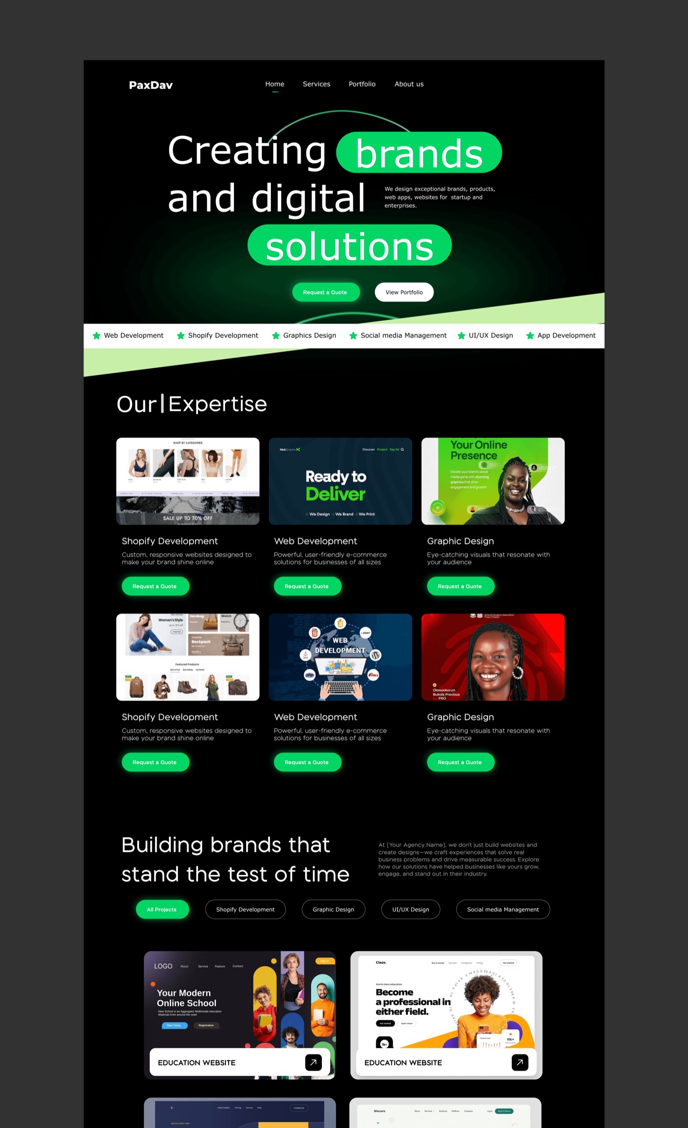 Paxdav: The full homepage: hero, service ticker, expertise grid with a quote button on every card, and filterable past work. Scroll inside the frame.