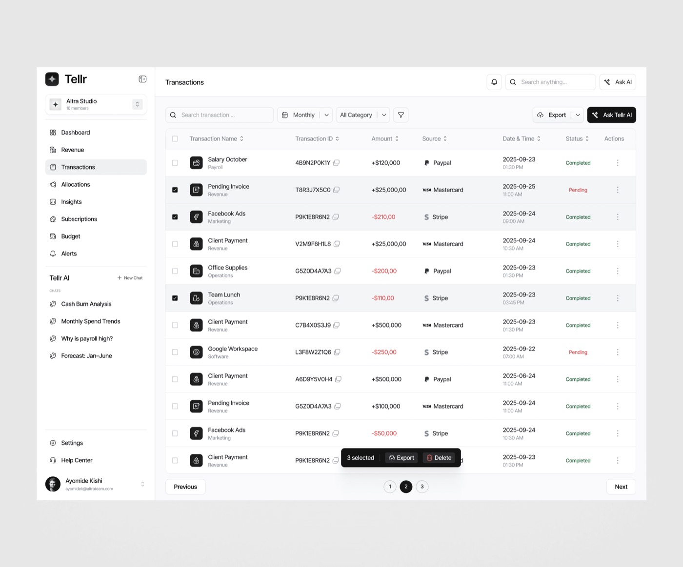 Transactions: filters, payment source per row, and a bulk-action bar when rows are selected